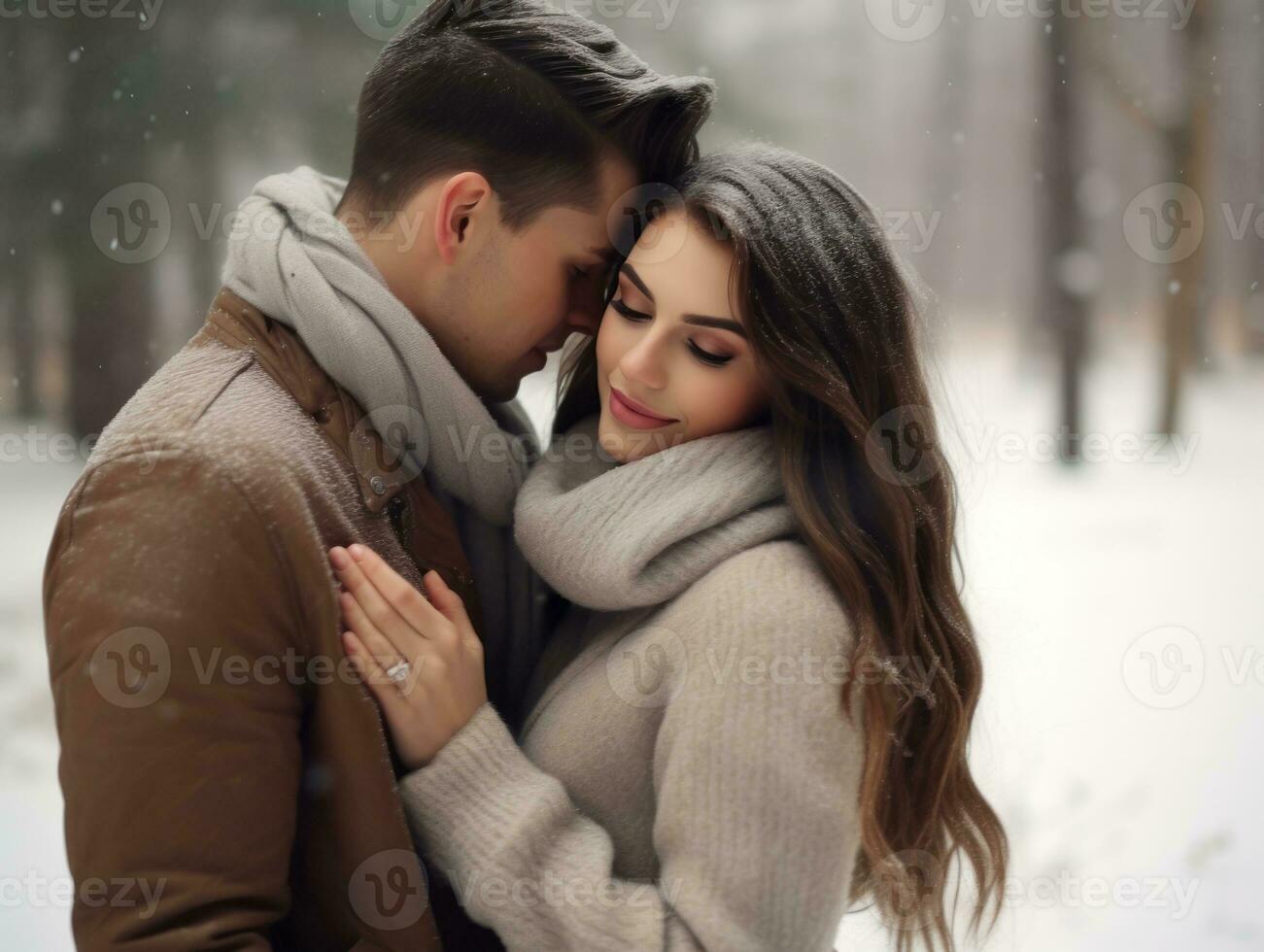 amoroso casal é desfrutando uma romântico inverno dia ai generativo foto