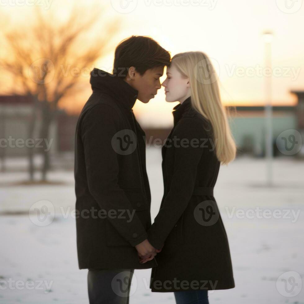 amoroso Adolescência interracial casal é desfrutando uma romântico inverno dia ai generativo foto