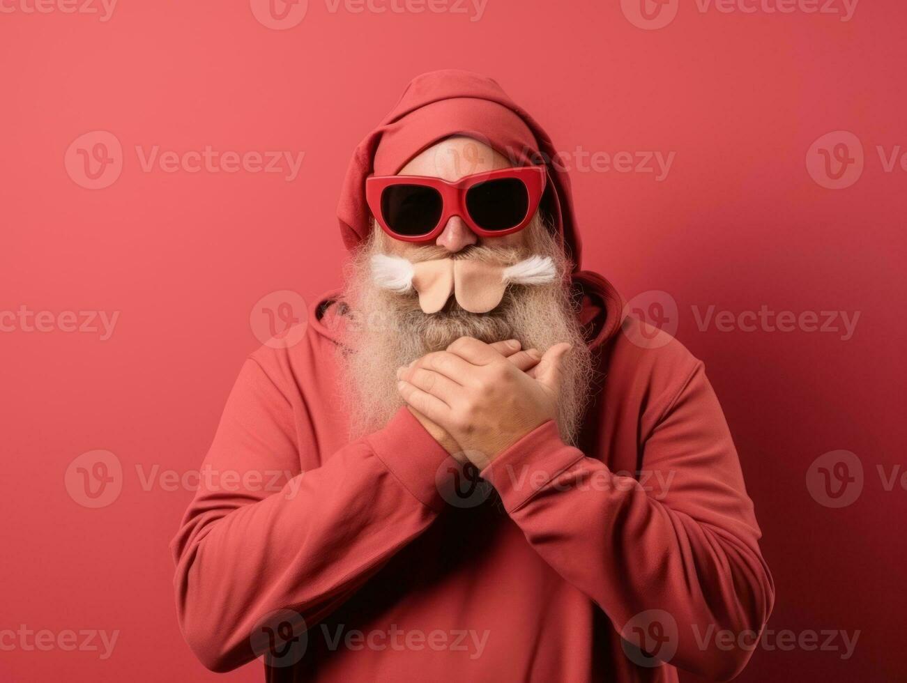 homem vestido Como santa claus dentro brincalhão pose em sólido fundo ai generativo foto