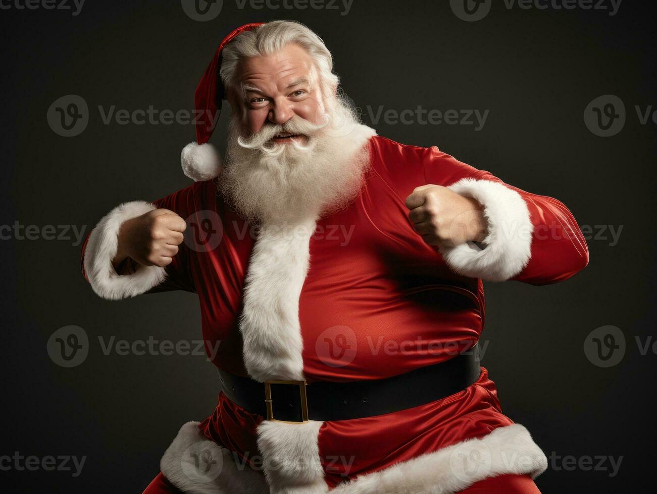 homem vestido Como santa claus dentro brincalhão pose em sólido fundo ai generativo foto