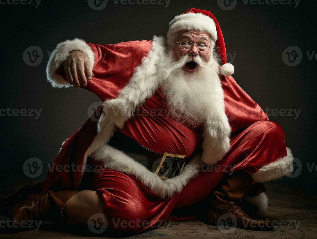 homem vestido Como santa claus dentro brincalhão pose em sólido fundo ai generativo foto