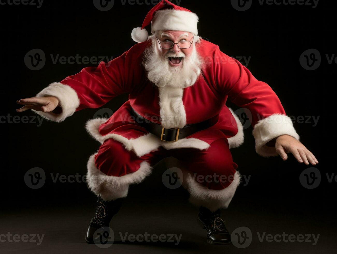 homem vestido Como santa claus dentro brincalhão pose em sólido fundo ai generativo foto