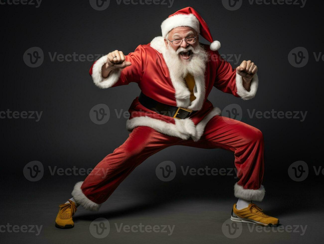 homem vestido Como santa claus dentro brincalhão pose em sólido fundo ai generativo foto