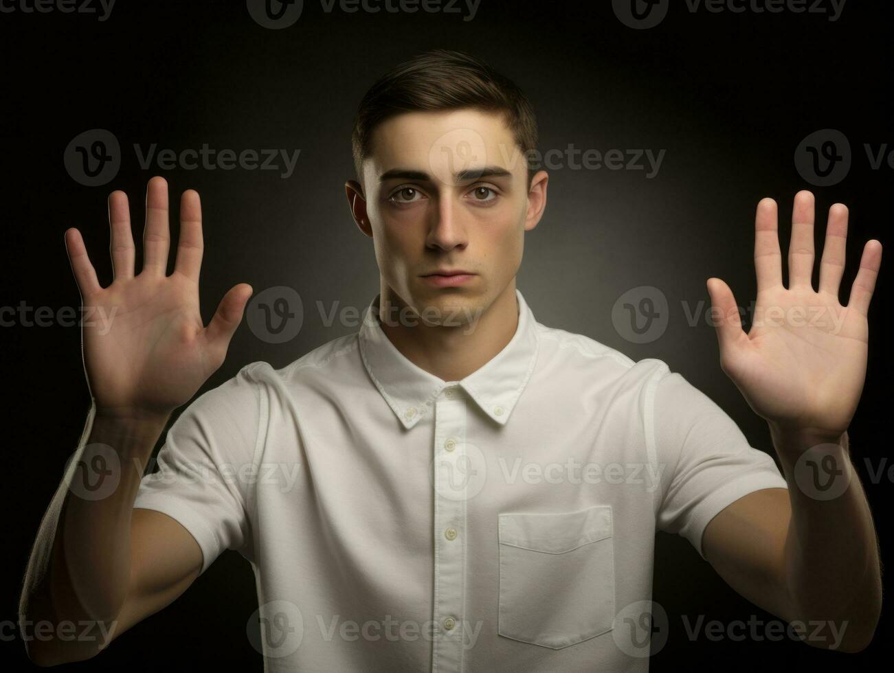 jovem bonito homem emocional gestos em sólido fundo ai generativo foto