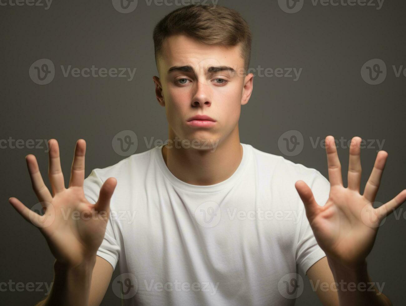 jovem bonito homem emocional gestos em sólido fundo ai generativo foto