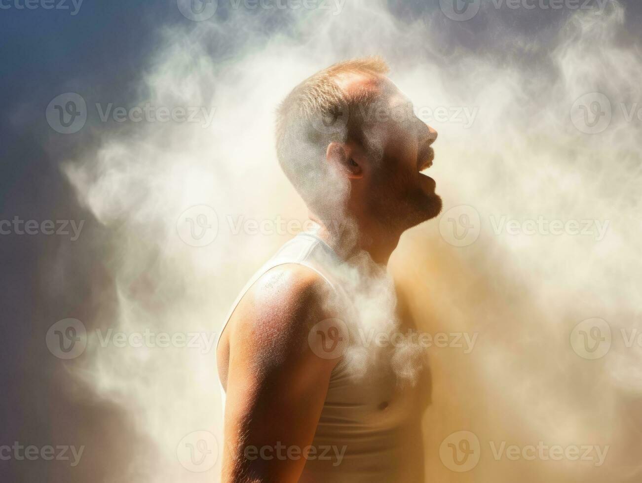 jovem bonito homem emocional gestos em sólido fundo ai generativo foto