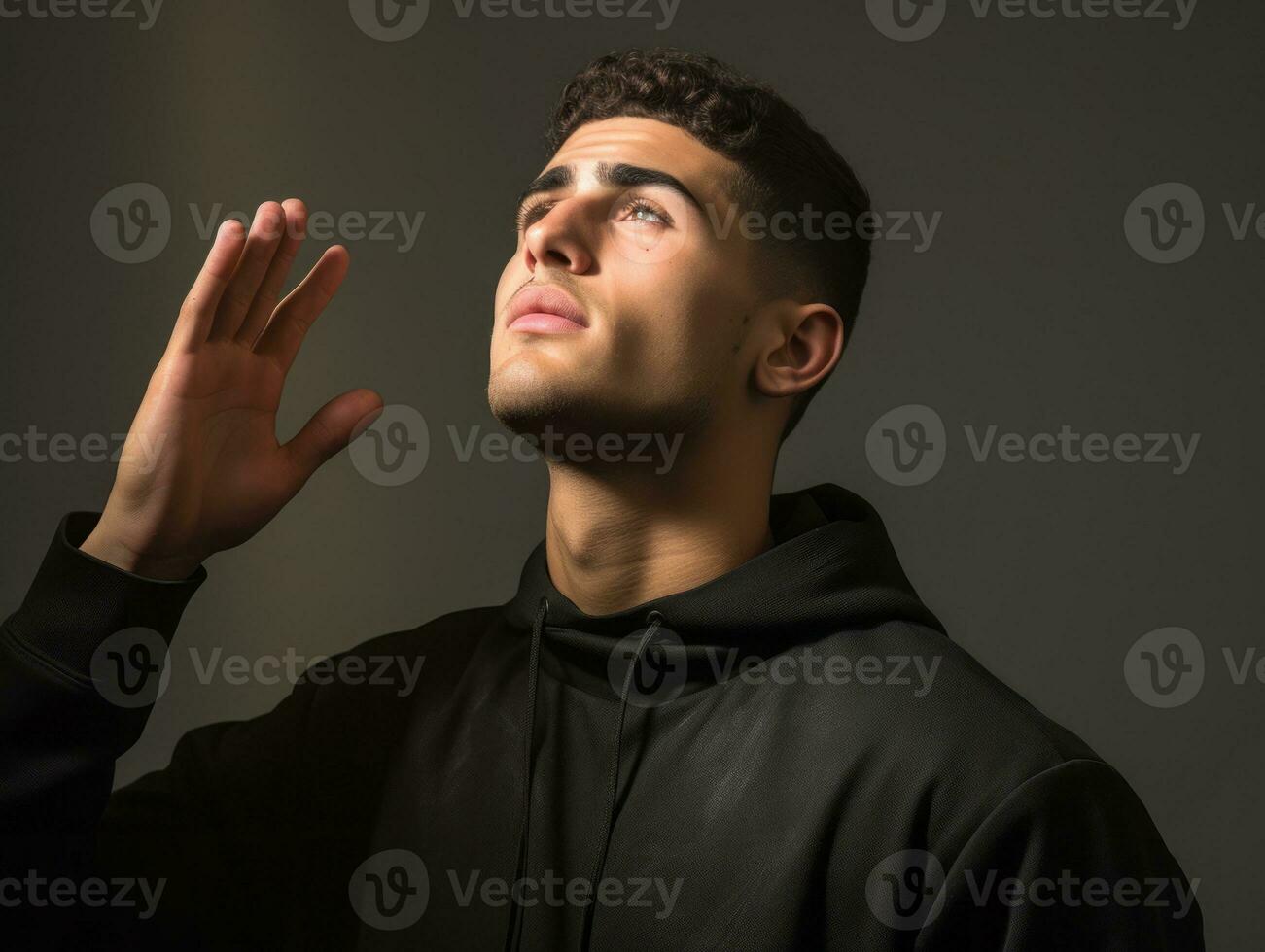 jovem bonito homem emocional gestos em sólido fundo ai generativo foto