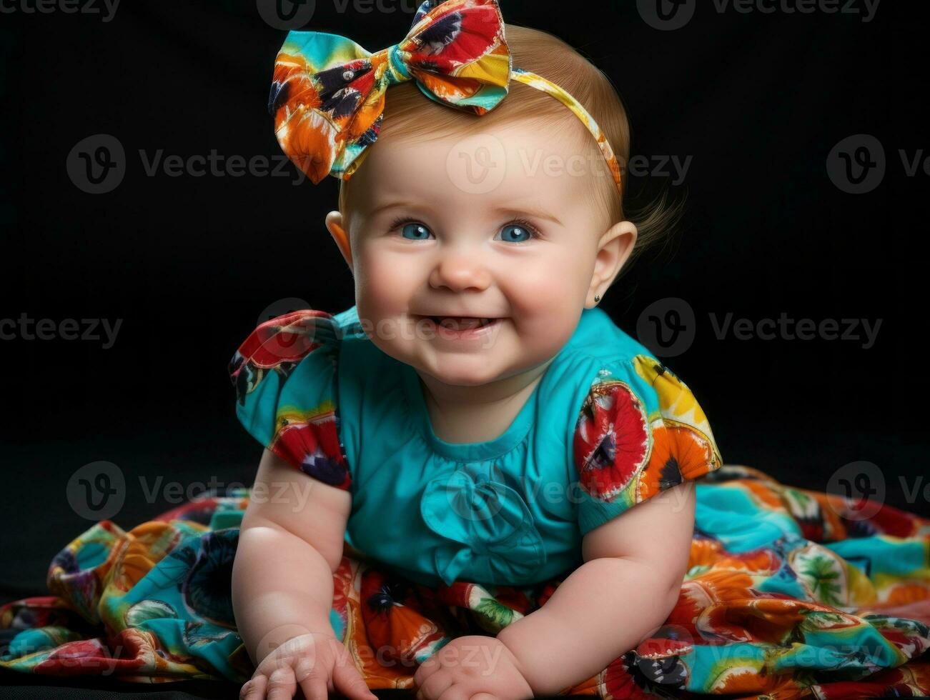 adorável bebê com vibrante roupas dentro uma brincalhão pose ai generativo foto