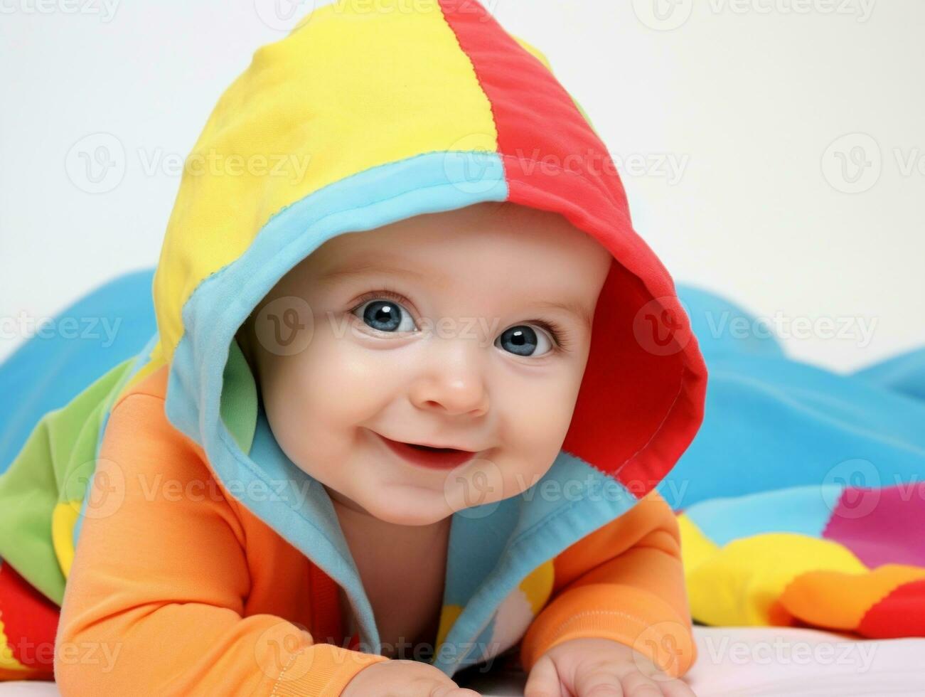 adorável bebê com vibrante roupas dentro uma brincalhão pose ai generativo foto