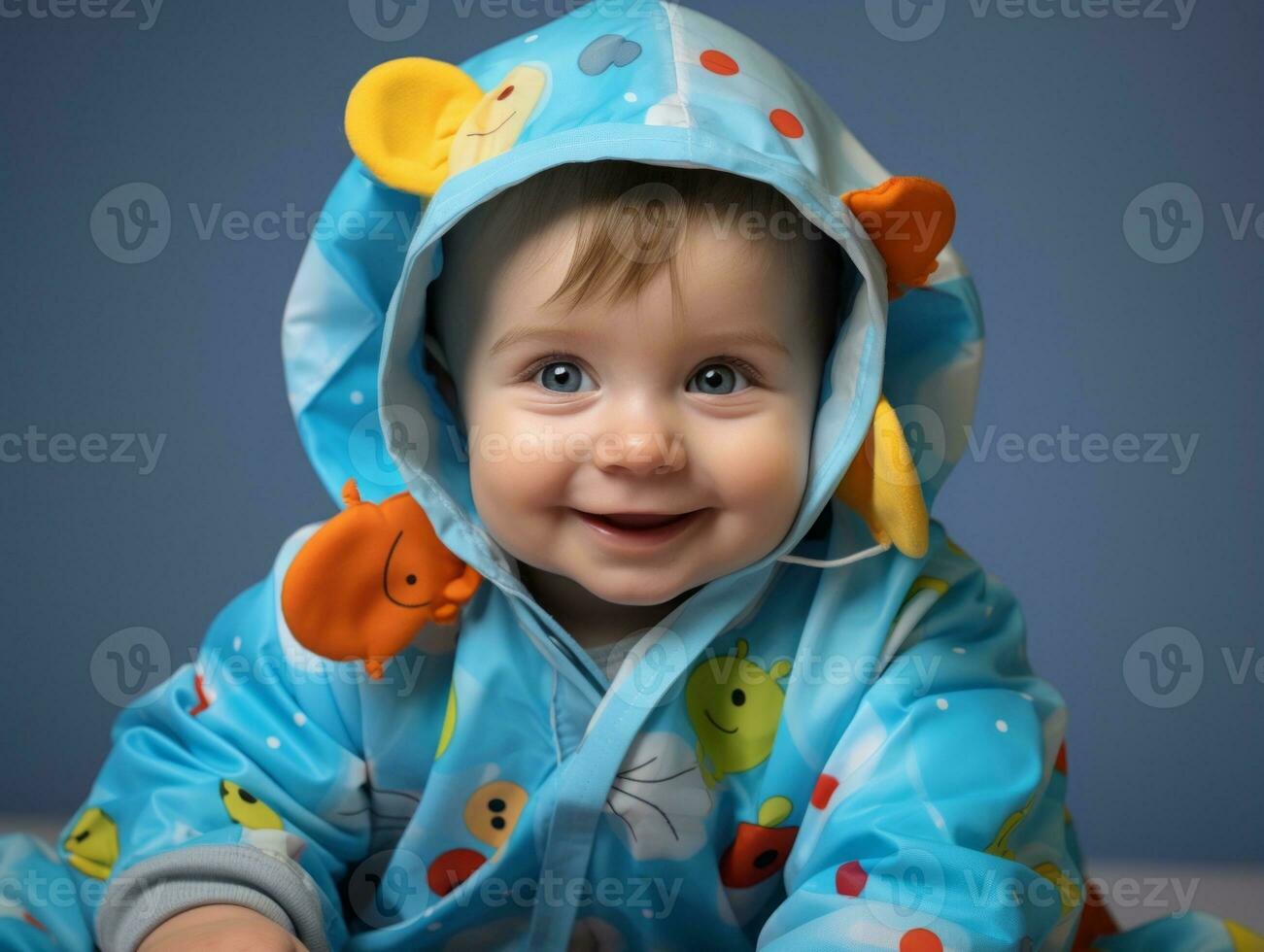 adorável bebê com vibrante roupas dentro uma brincalhão pose ai generativo foto