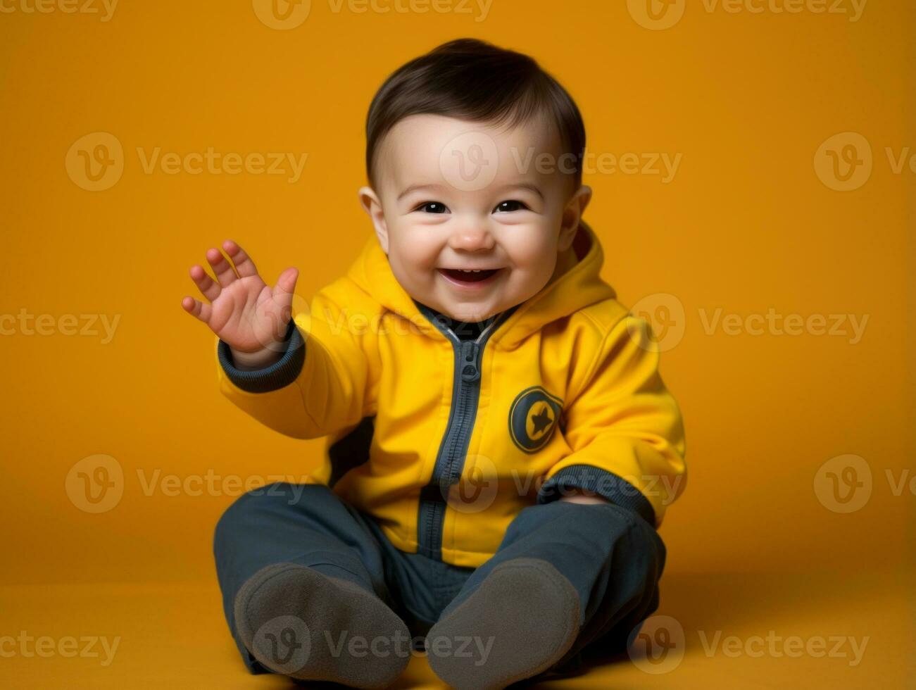 adorável bebê com vibrante roupas dentro uma brincalhão pose ai generativo foto