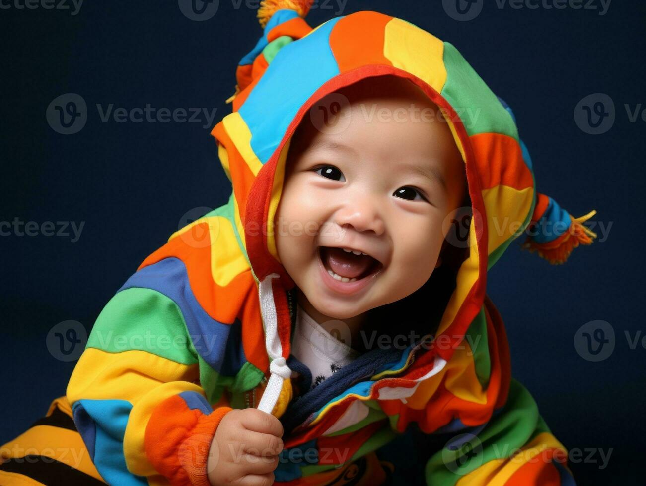 adorável bebê com vibrante roupas dentro uma brincalhão pose ai generativo foto