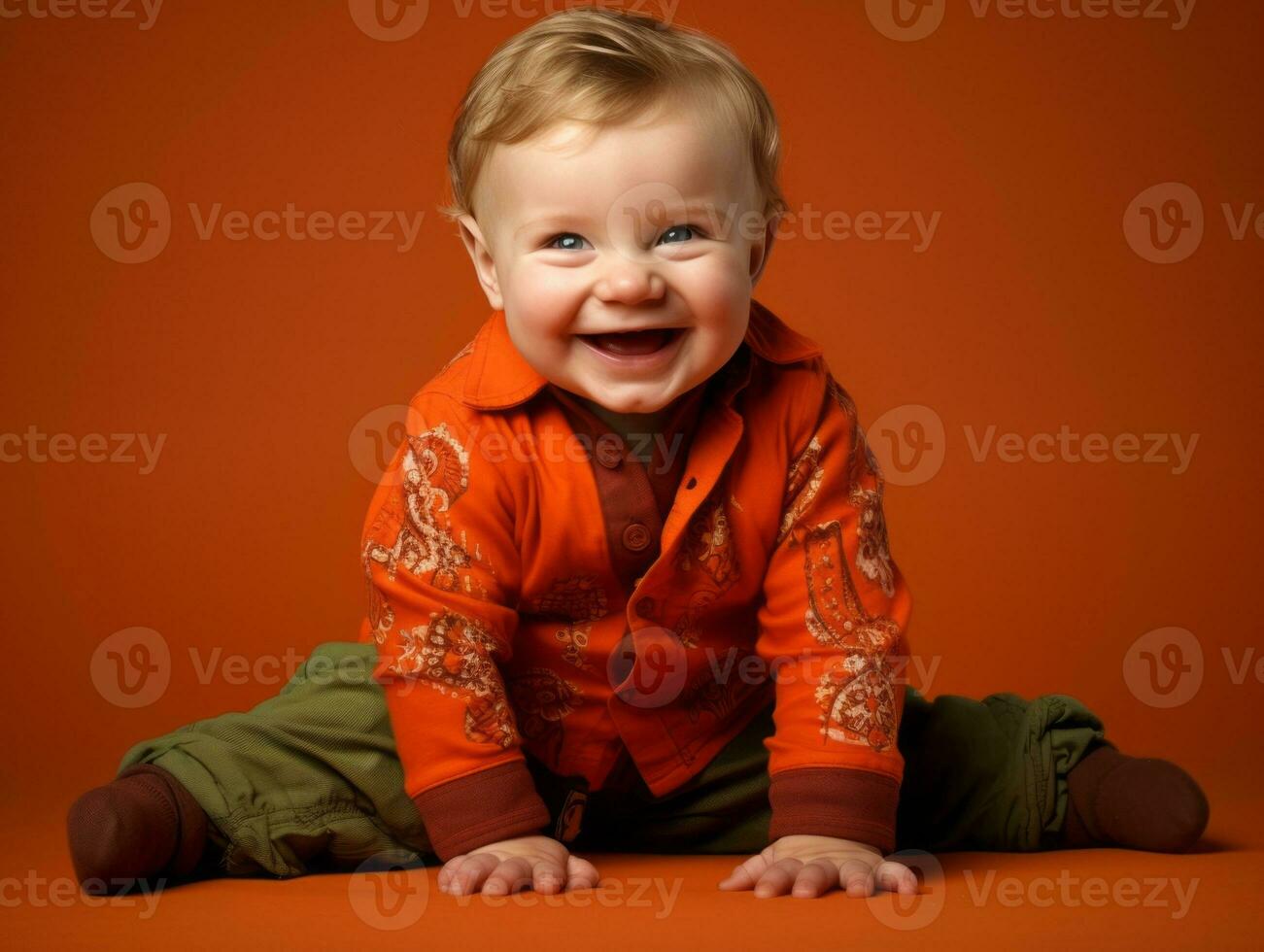 adorável bebê com vibrante roupas dentro uma brincalhão pose ai generativo foto