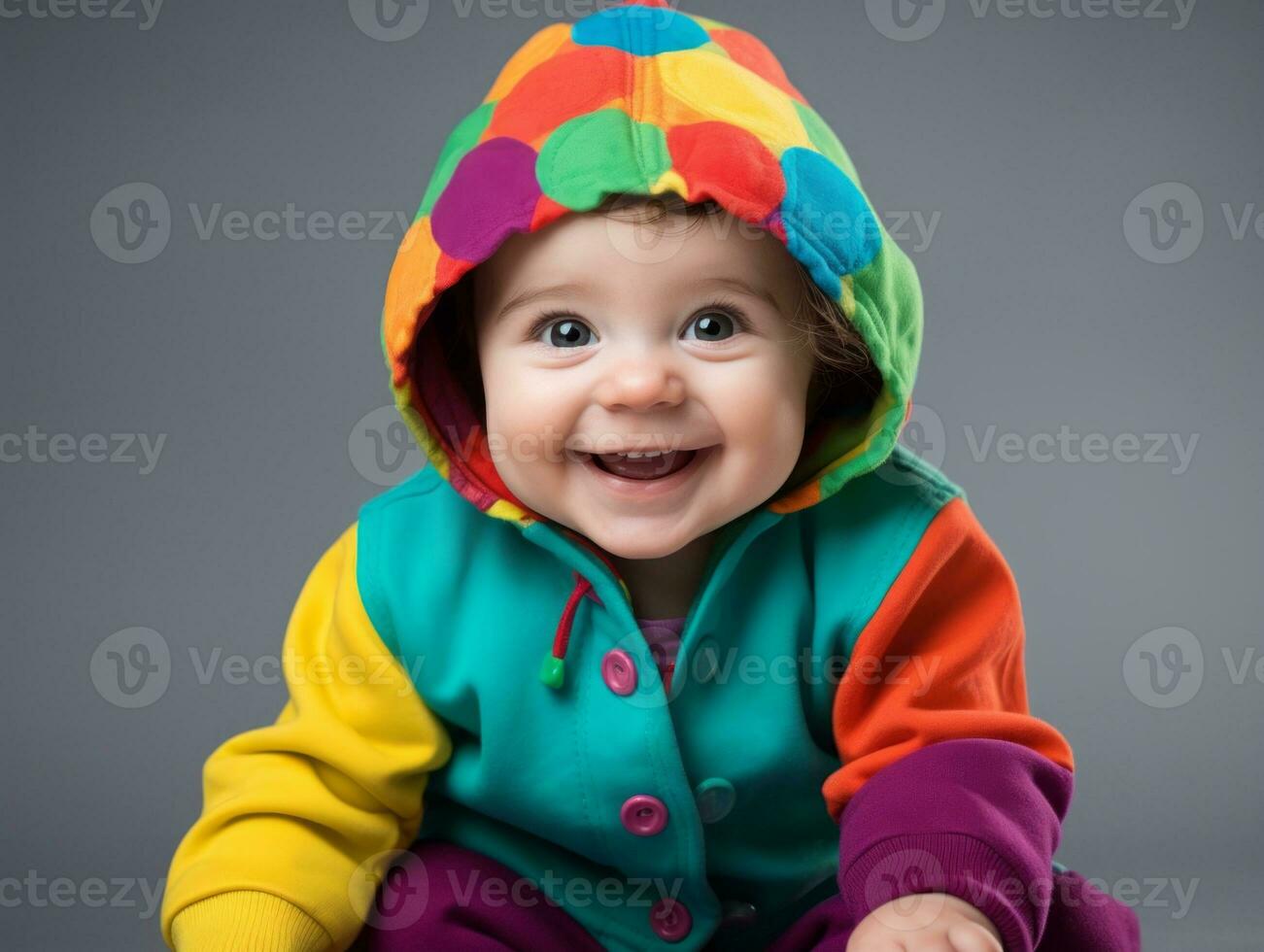 adorável bebê com vibrante roupas dentro uma brincalhão pose ai generativo foto