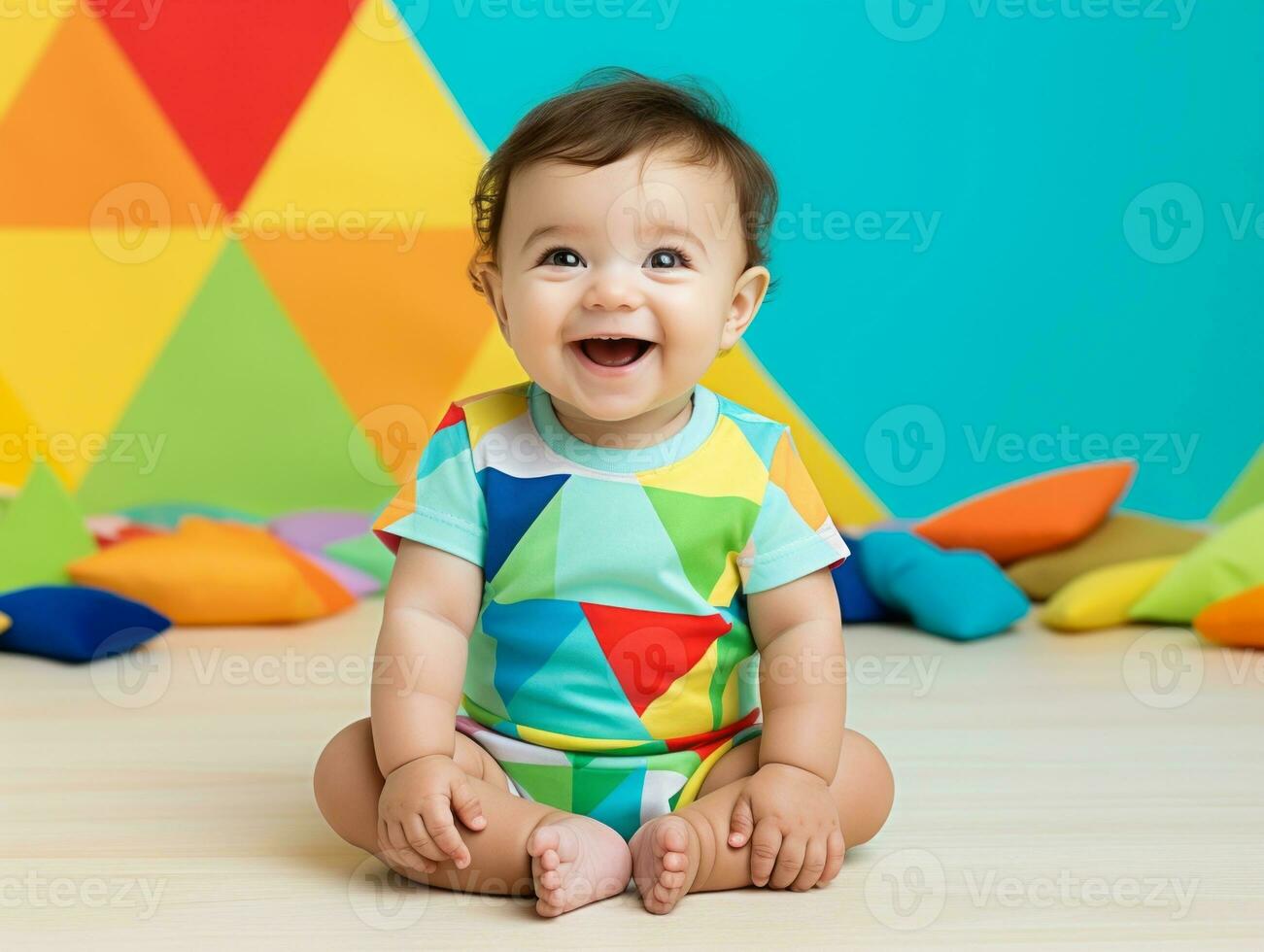 adorável bebê com vibrante roupas dentro uma brincalhão pose ai generativo foto