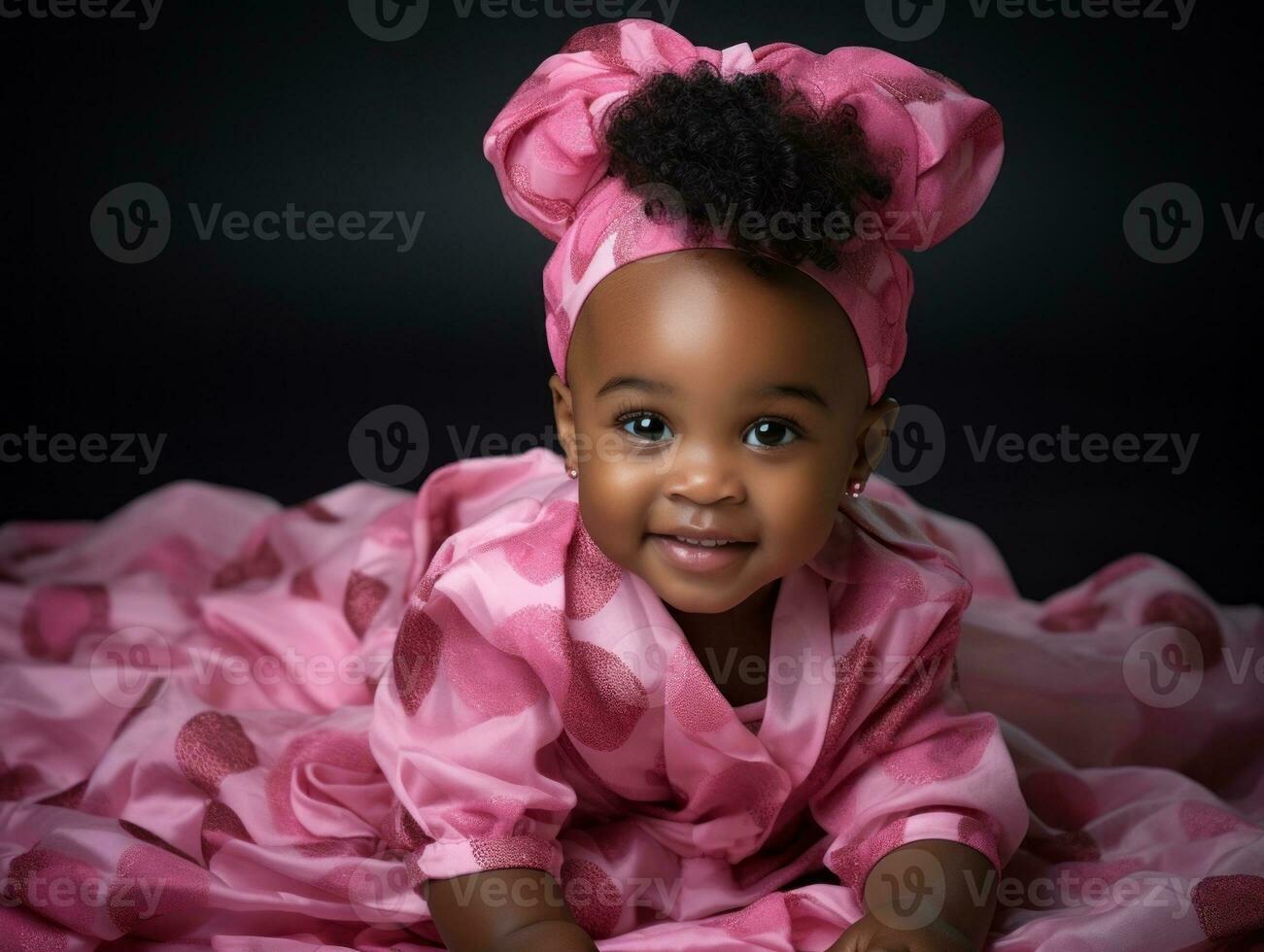 adorável bebê com vibrante roupas dentro uma brincalhão pose ai generativo foto