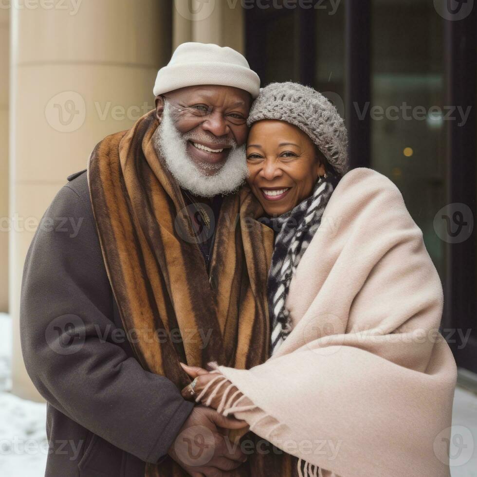 amoroso velho interracial casal é desfrutando uma romântico inverno dia ai generativo foto