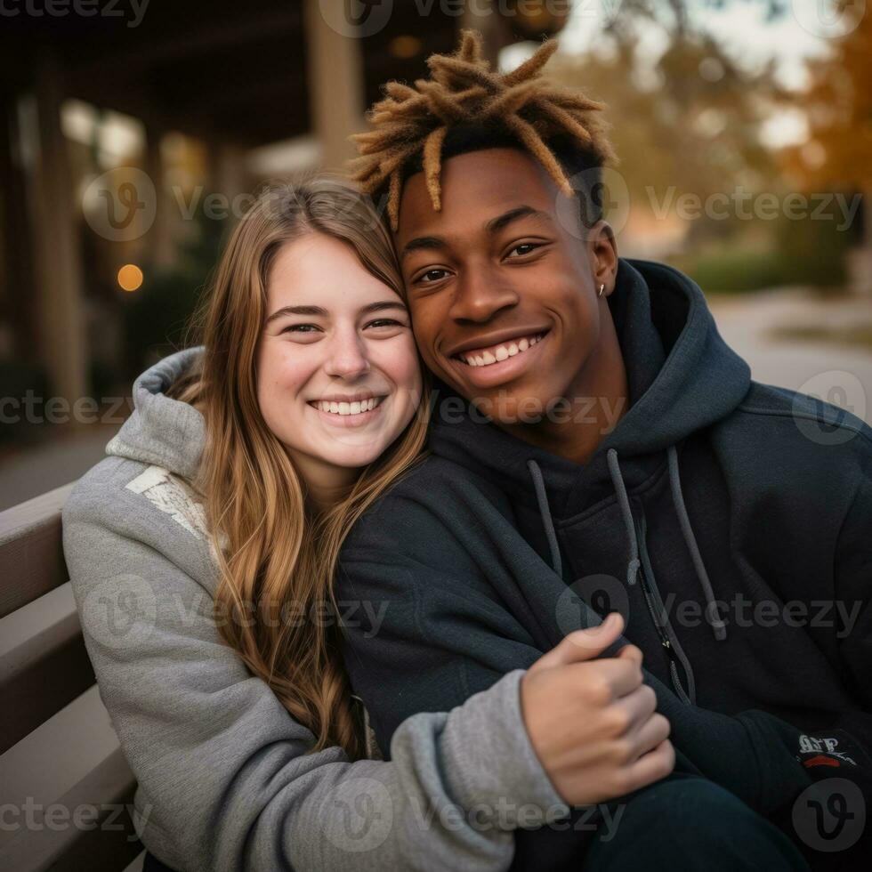 amoroso Adolescência interracial casal é desfrutando uma romântico outono dia ai generativo foto