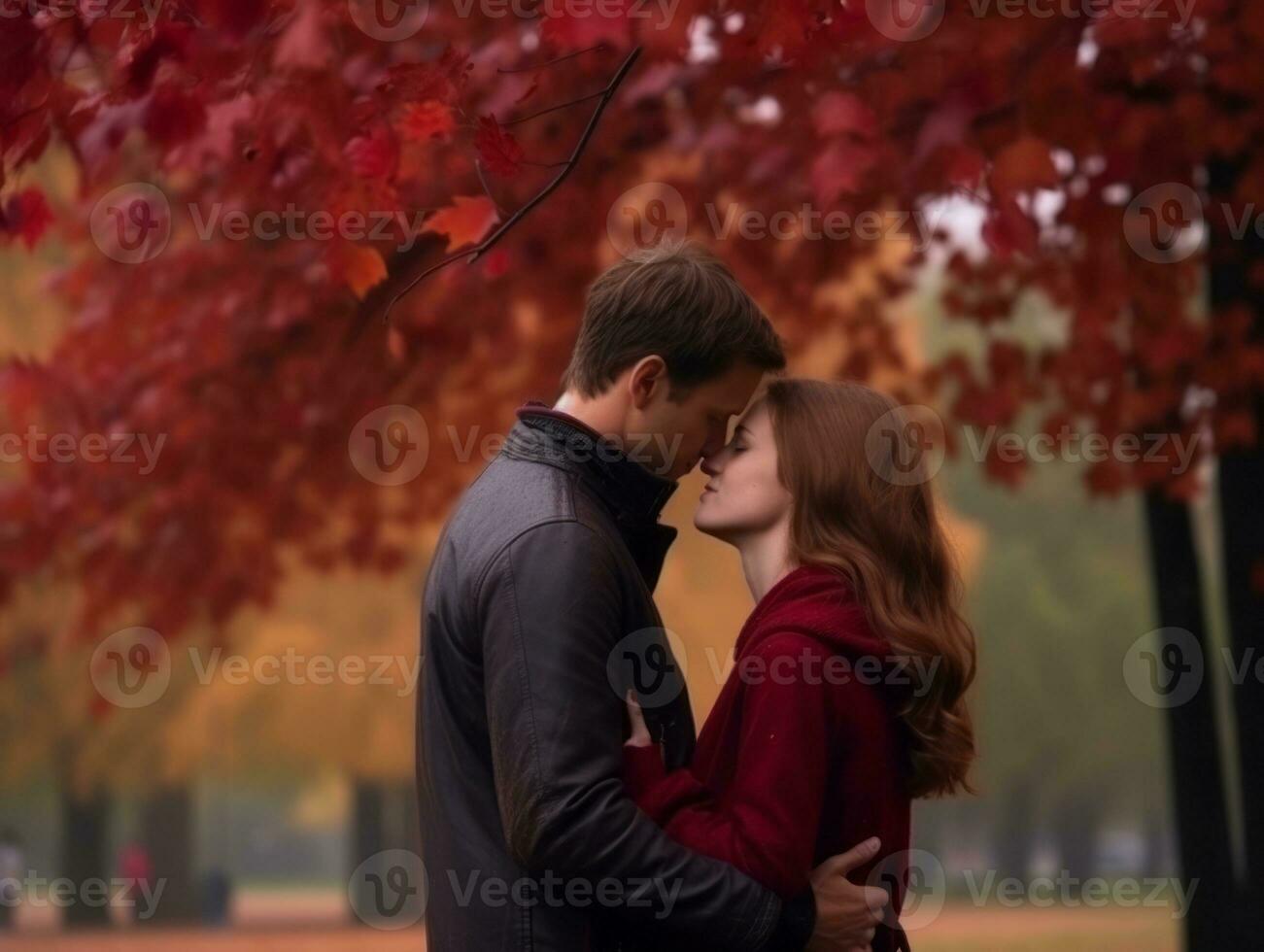 amoroso casal é desfrutando uma romântico outono dia ai generativo foto