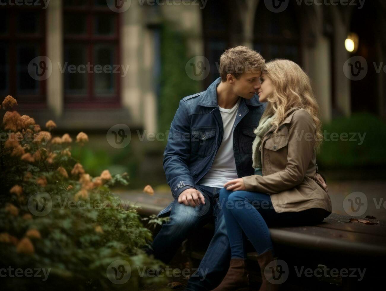 amoroso casal é desfrutando uma romântico outono dia ai generativo foto