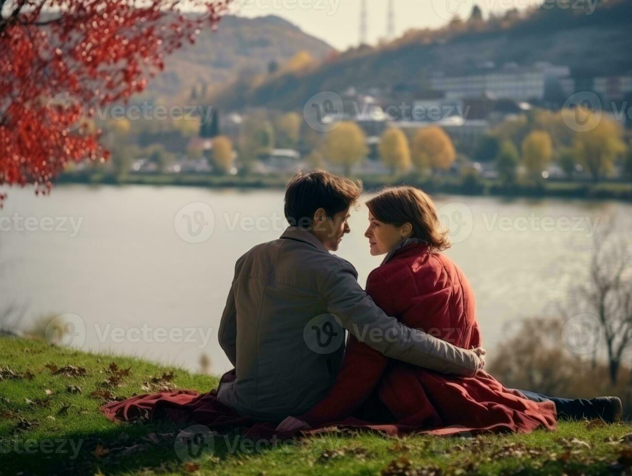 amoroso casal é desfrutando uma romântico outono dia ai generativo foto