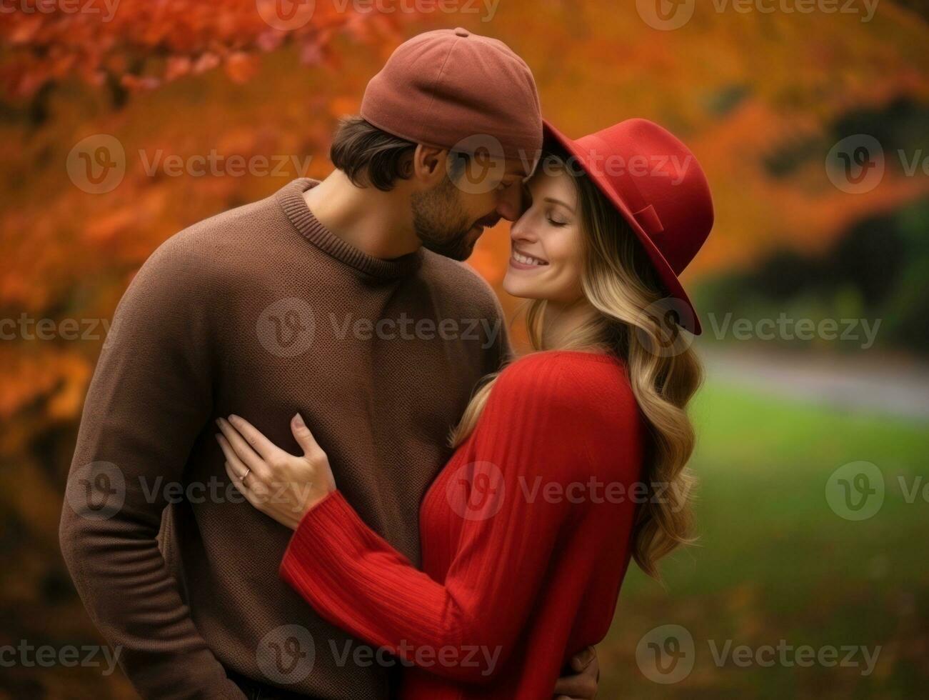 amoroso casal é desfrutando uma romântico outono dia ai generativo foto