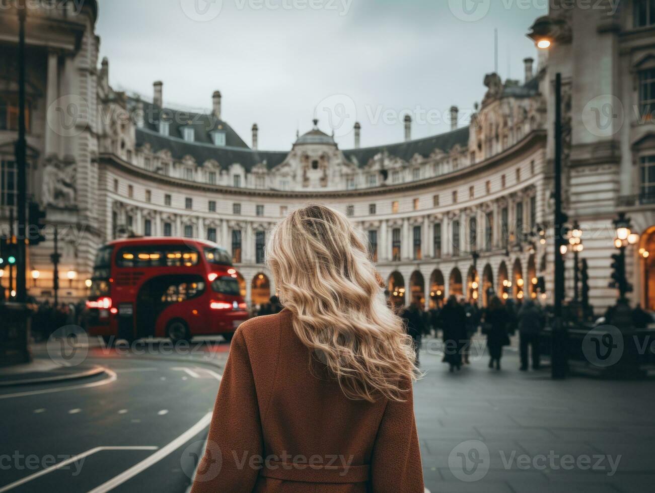 mulher goza uma vagaroso andar dentro a coração do a cidade ai generativo foto