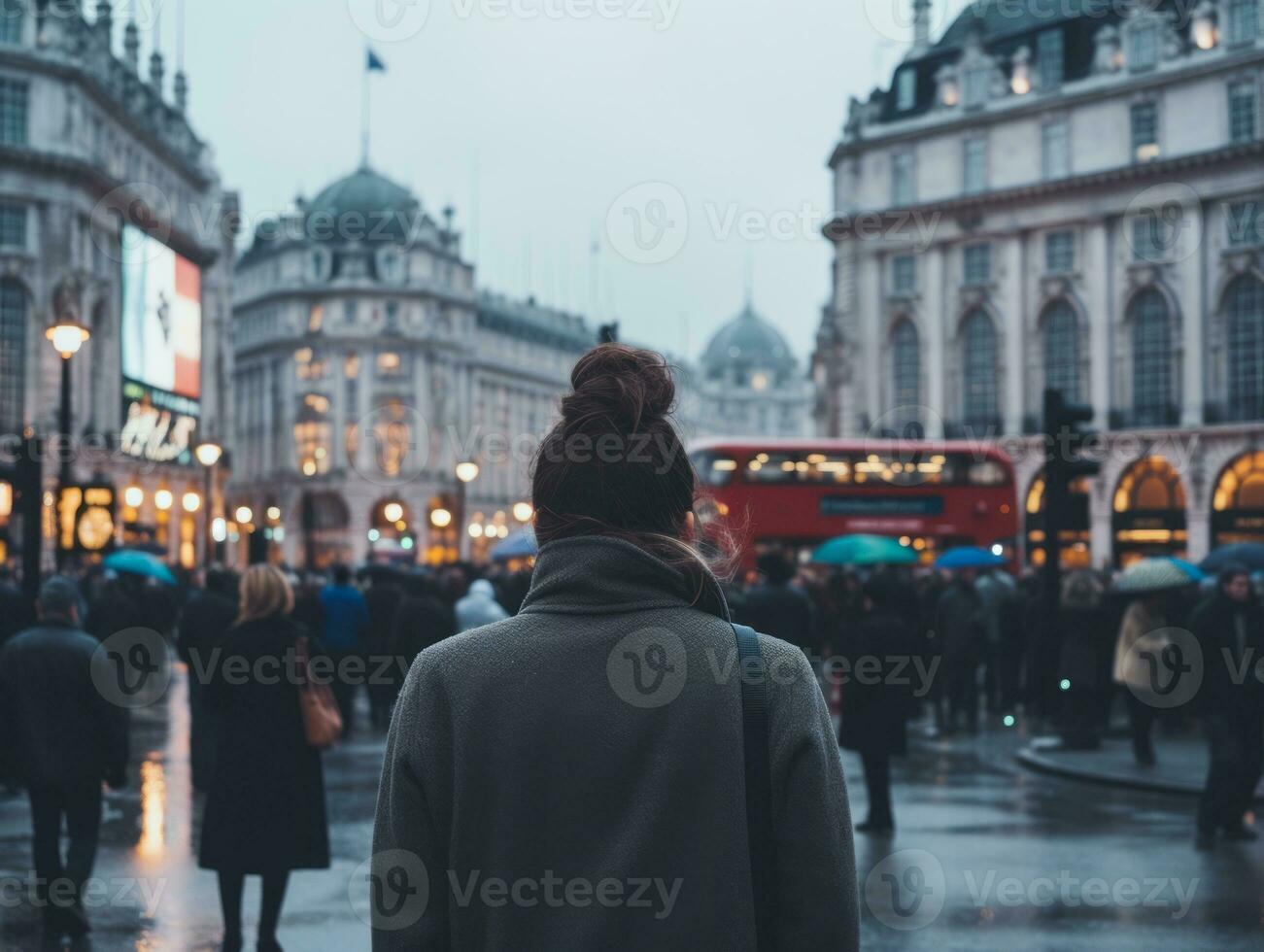 mulher goza uma vagaroso andar dentro a coração do a cidade ai generativo foto