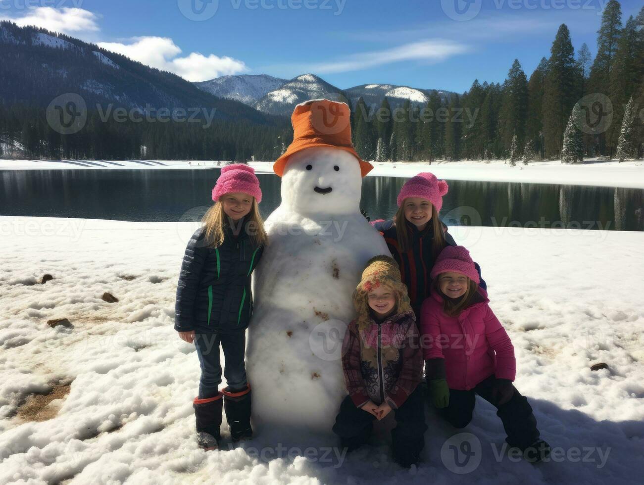 crianças construção uma boneco de neve dentro inverno dia ai generativo foto