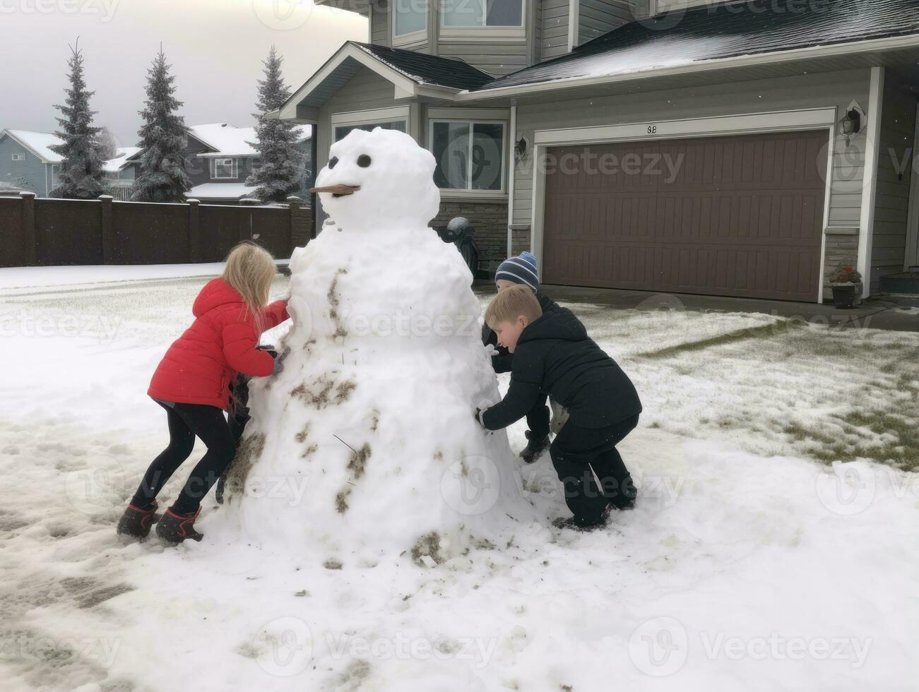 crianças construção uma boneco de neve dentro inverno dia ai generativo foto