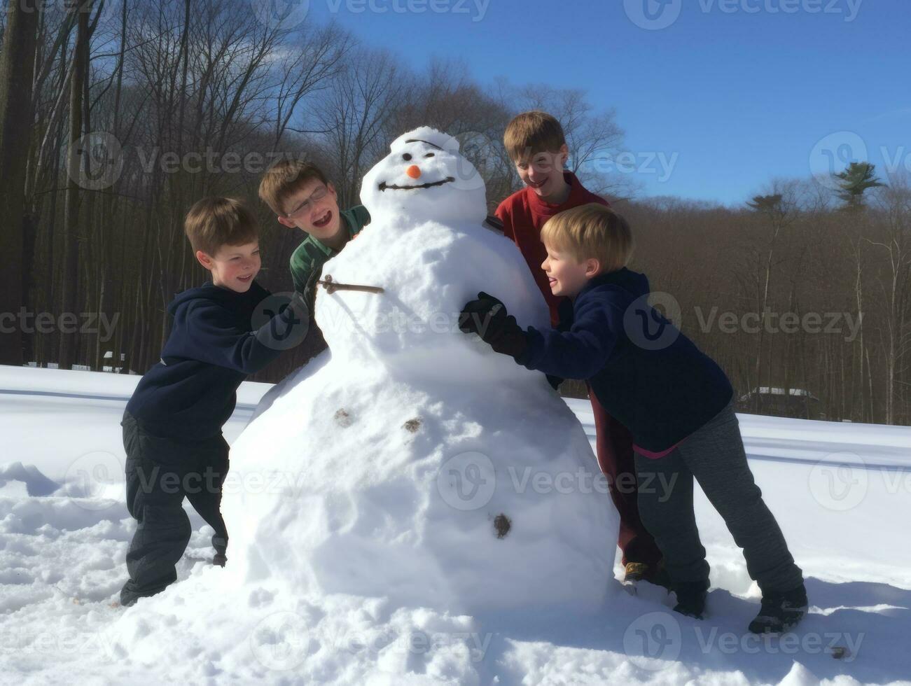 crianças construção uma boneco de neve dentro inverno dia ai generativo foto