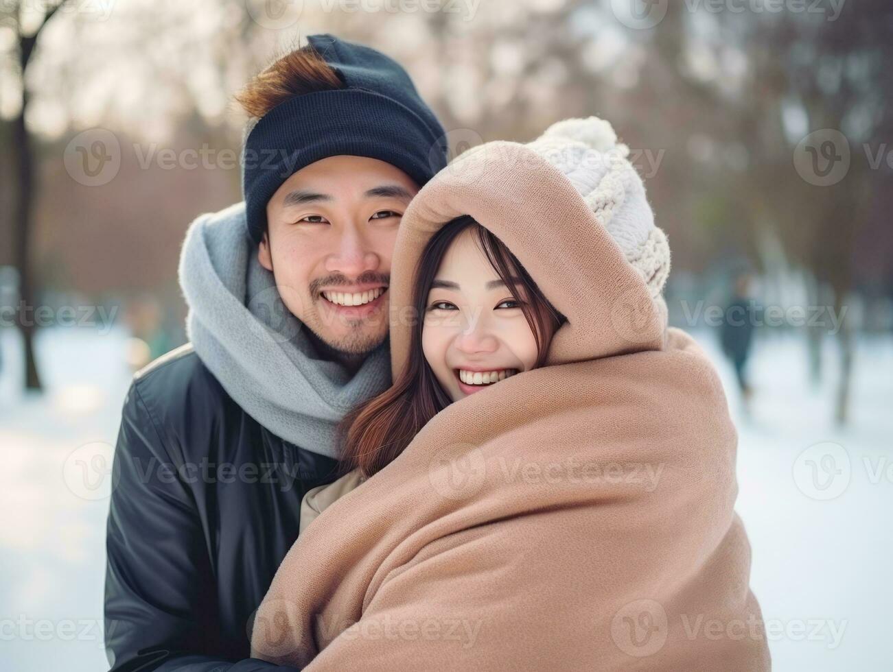 amoroso ásia casal é desfrutando uma romântico inverno dia ai generativo foto