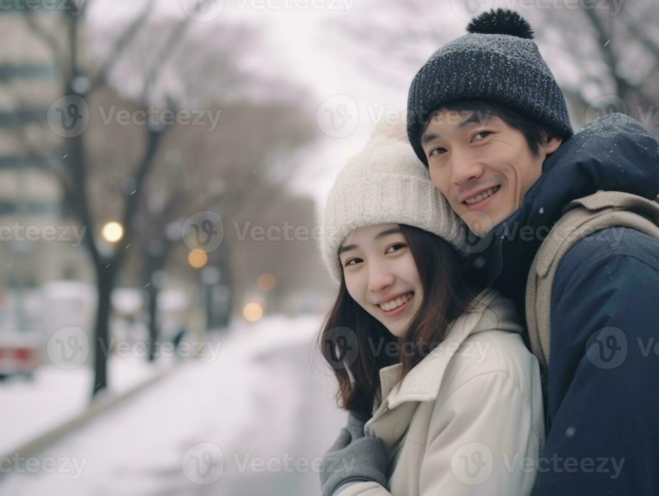 amoroso ásia casal é desfrutando uma romântico inverno dia ai generativo foto
