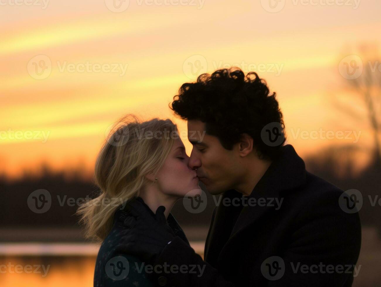 amoroso interracial casal é desfrutando uma romântico inverno dia ai generativo foto