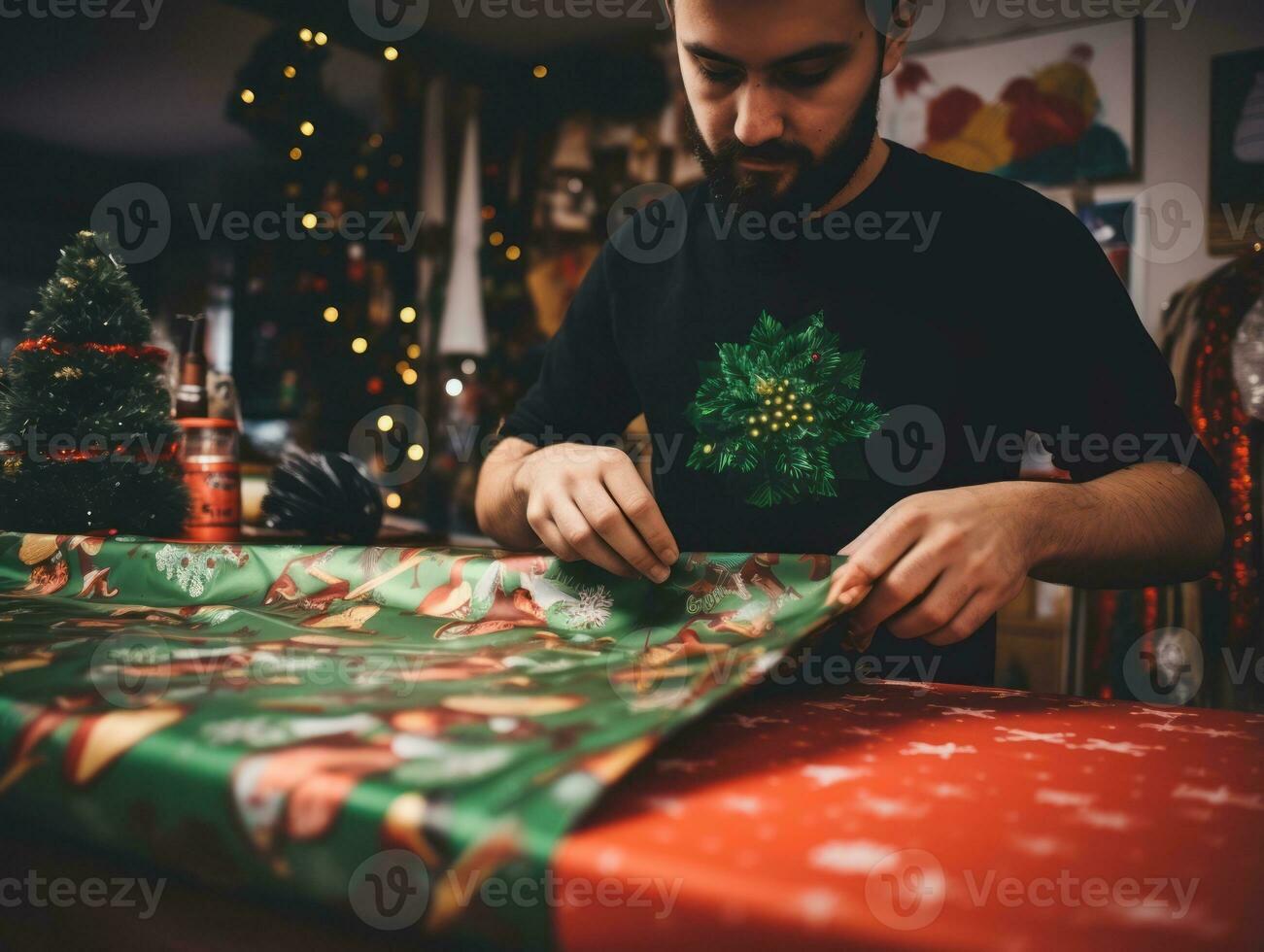 homem invólucro apresenta com feriado temático invólucro papel ai generativo foto