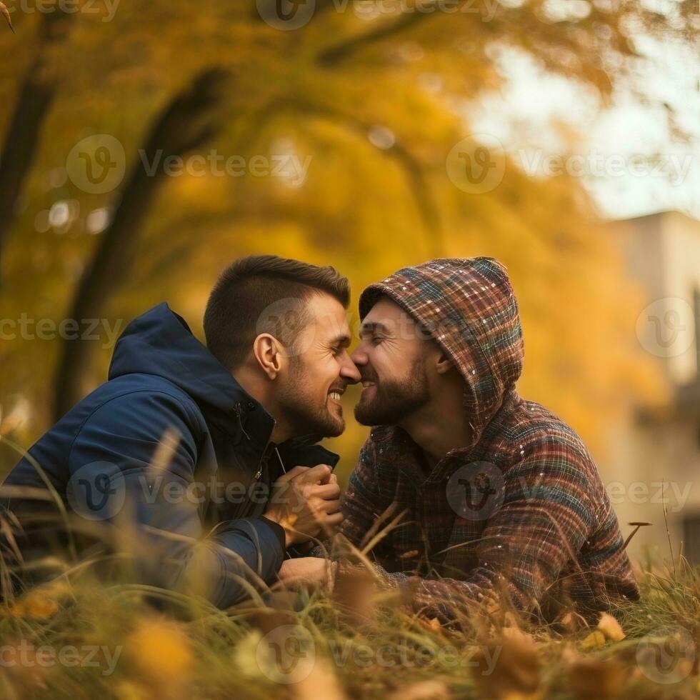 amoroso homossexual casal é desfrutando uma romântico outono dia ai generativo foto