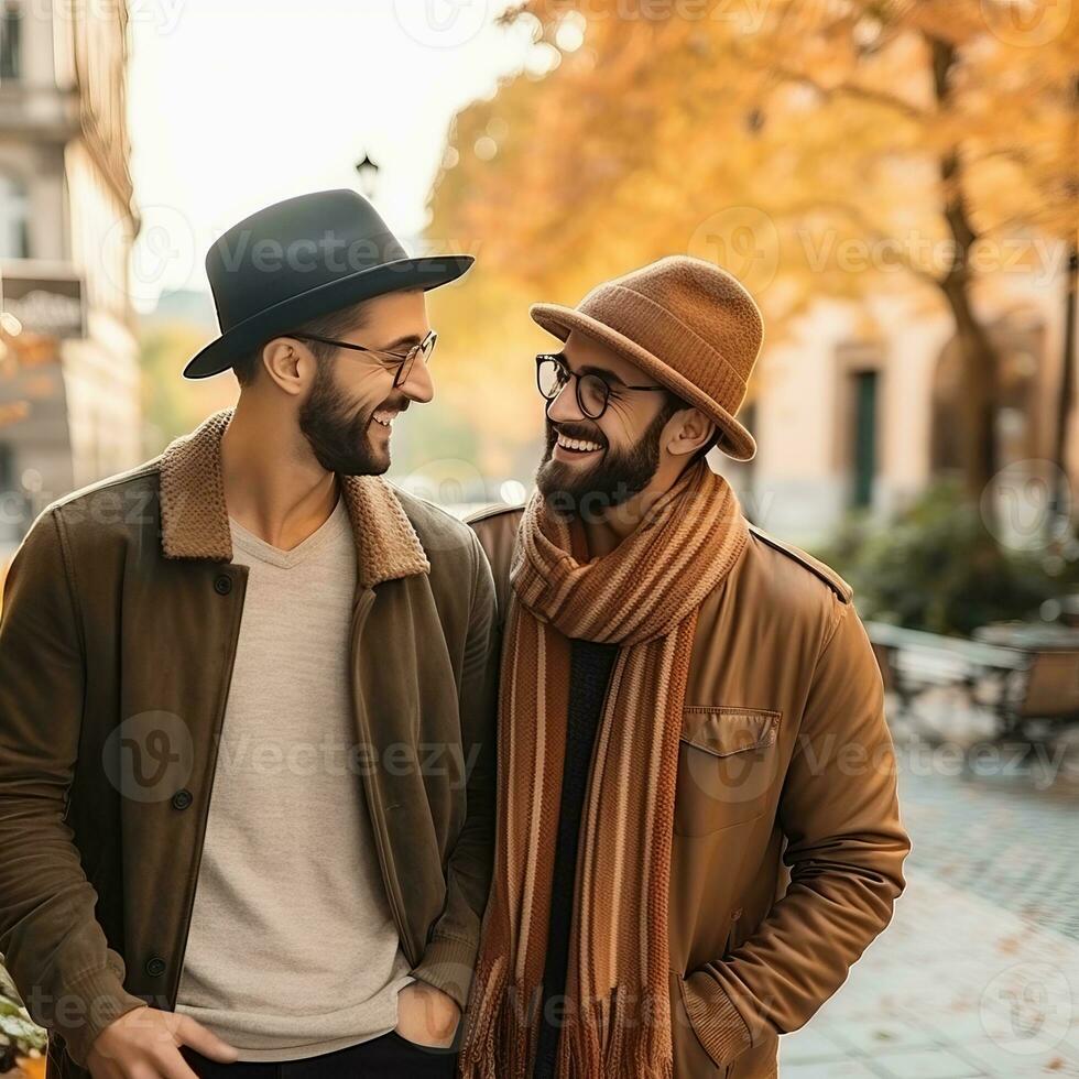 amoroso homossexual casal é desfrutando uma romântico outono dia ai generativo foto