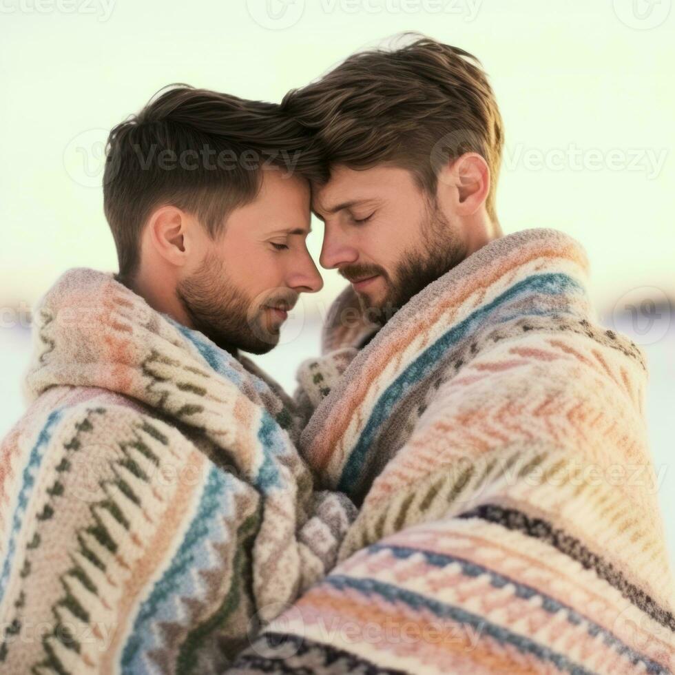 amoroso homossexual casal é desfrutando uma romântico inverno dia ai generativo foto