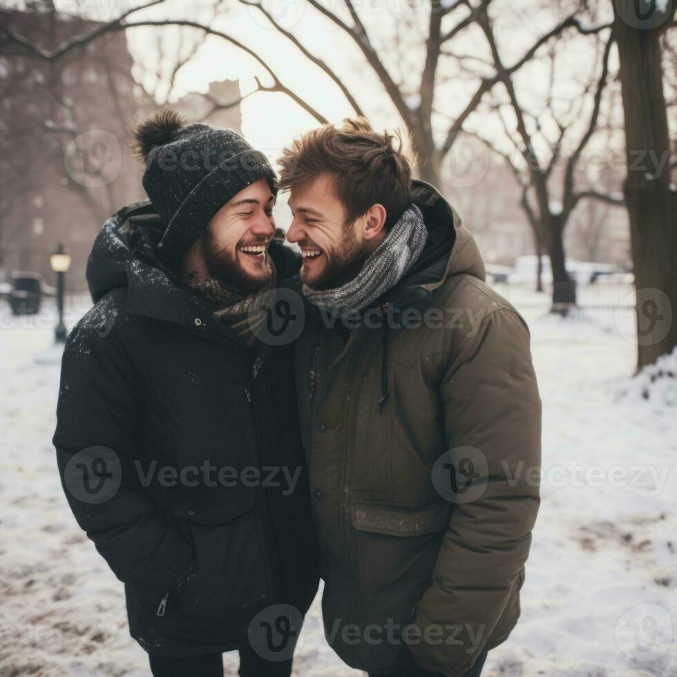 amoroso homossexual casal é desfrutando uma romântico inverno dia ai generativo foto