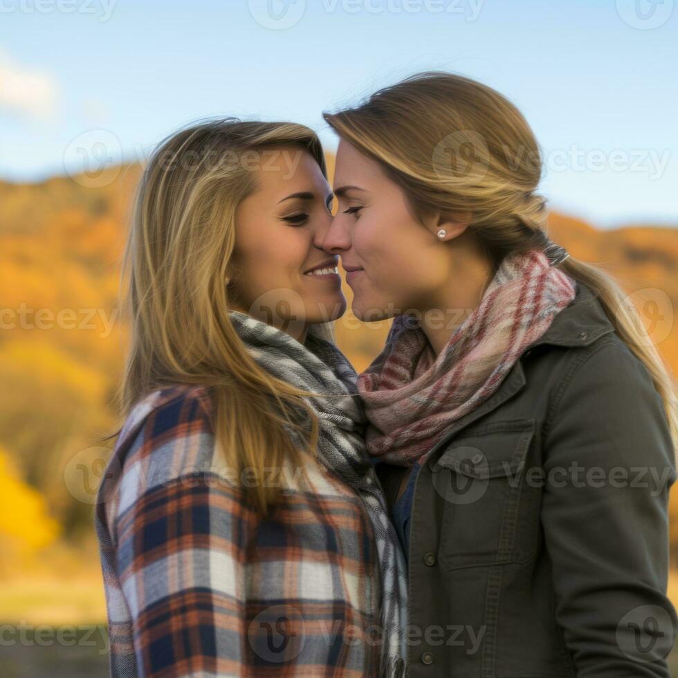 amoroso homossexual mulher casal é desfrutando uma romântico outono dia ai generativo foto