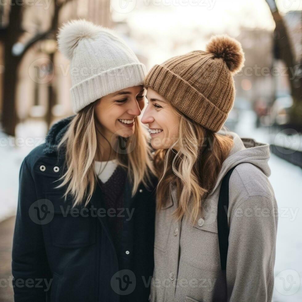 amoroso homossexual mulher casal é desfrutando uma romântico inverno dia ai generativo foto