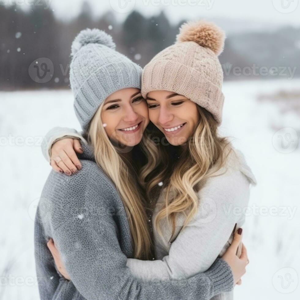 amoroso homossexual mulher casal é desfrutando uma romântico inverno dia ai generativo foto