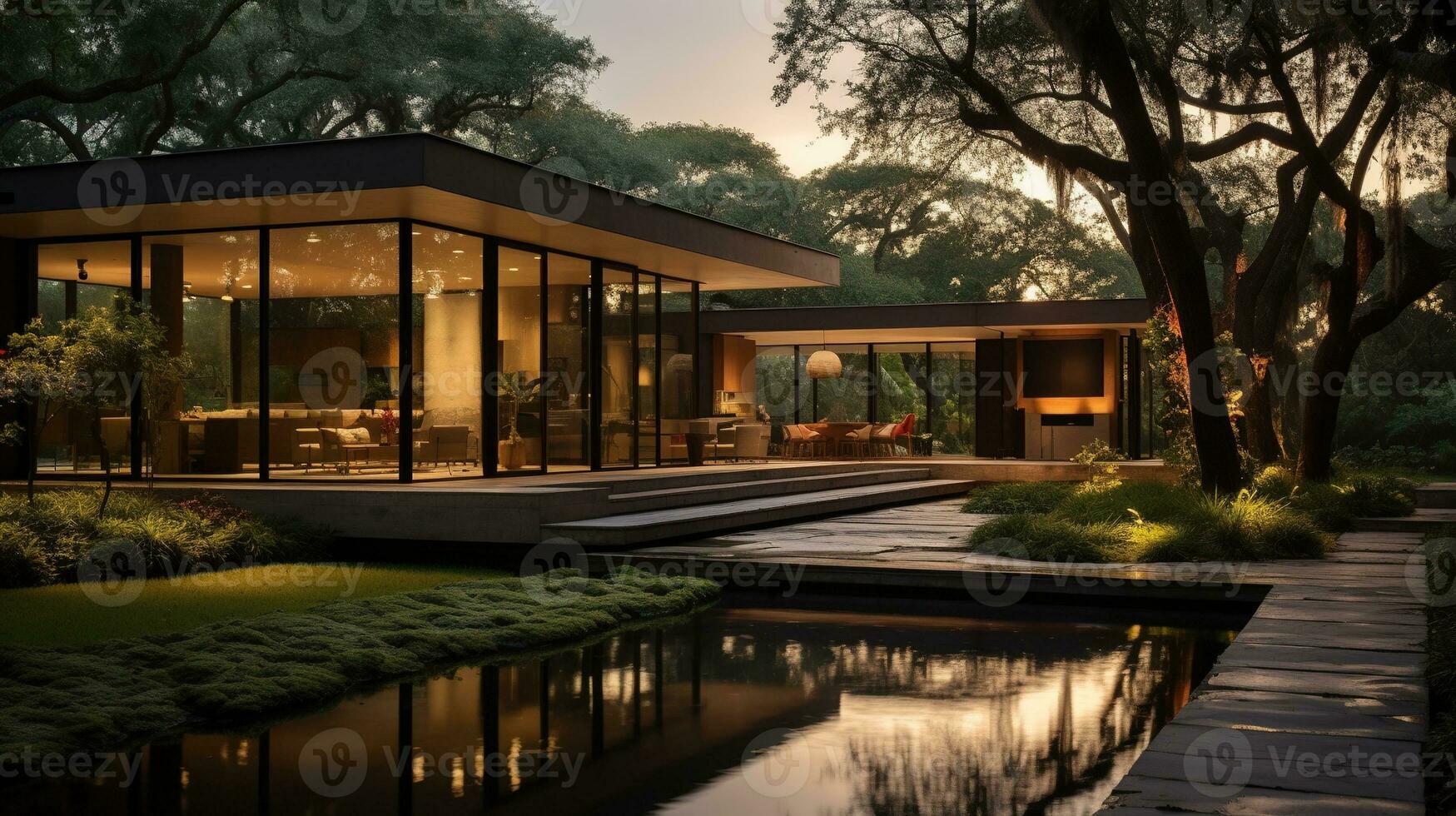 generativo ai, Visão do natação piscina dentro frente do uma moderno luxo casa iluminado dentro a tarde foto