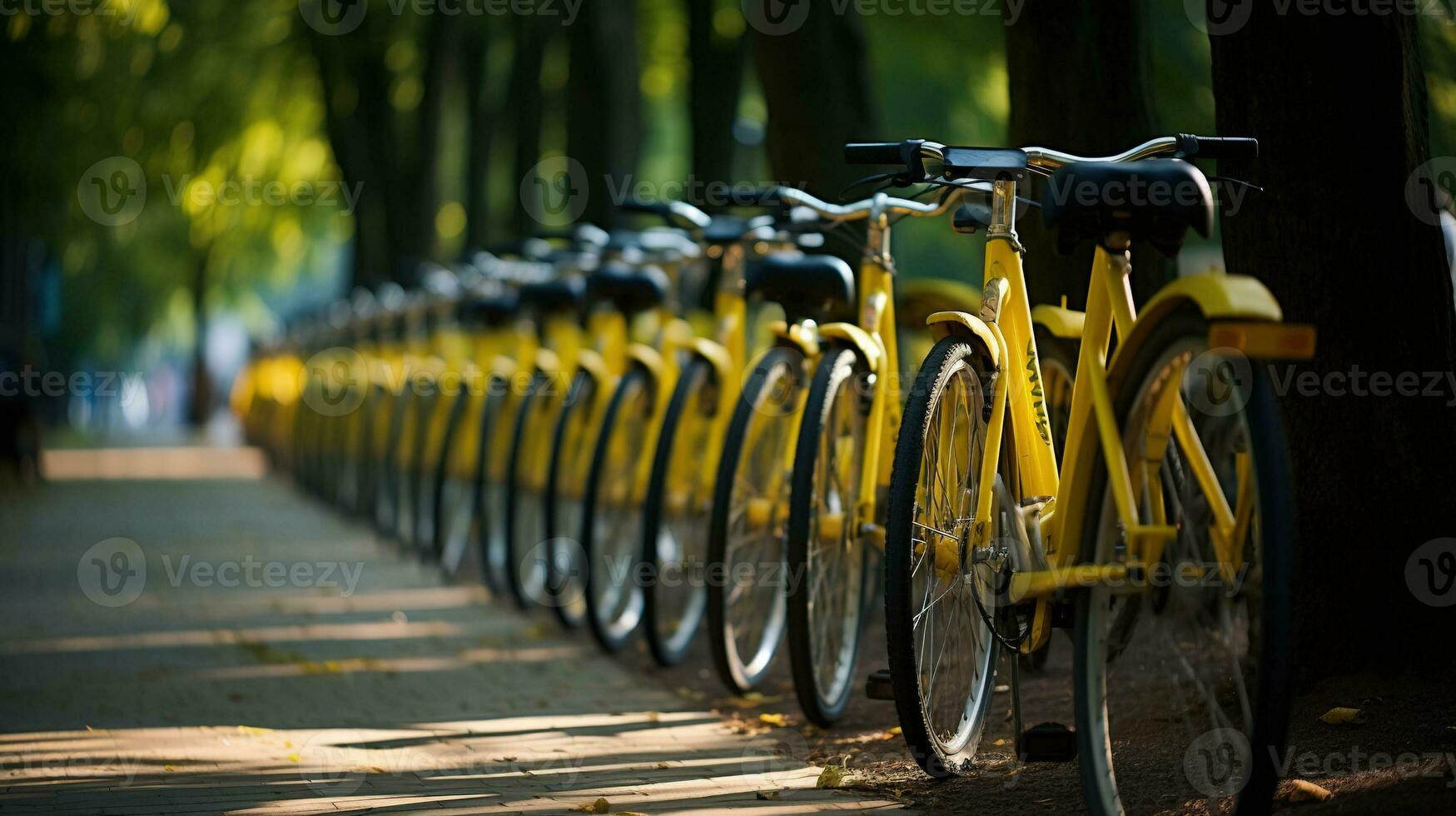 generativo ai, bicicleta partilha sistema, muitos amarelo cidade bicicletas estacionado. saudável ecologia urbano transporte. foto