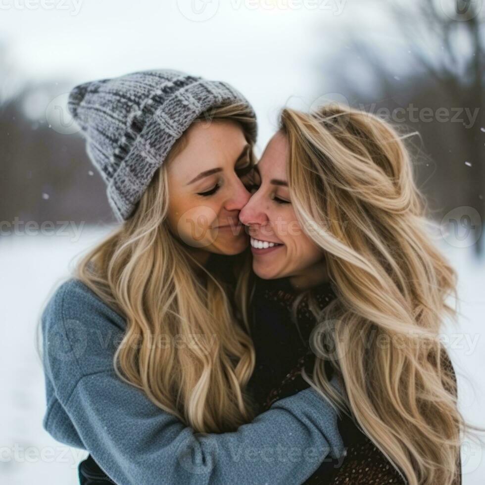 amoroso homossexual mulher casal é desfrutando uma romântico inverno dia ai generativo foto