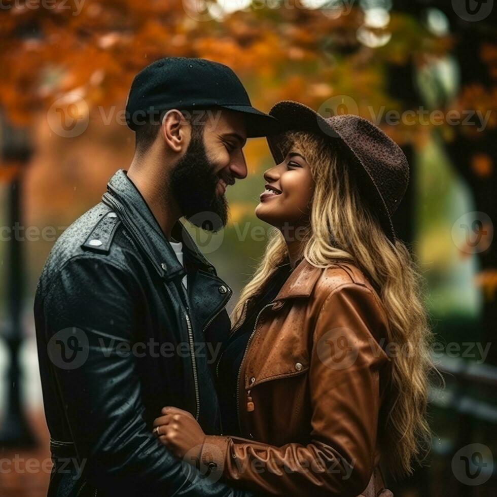 amoroso interracial casal é desfrutando uma romântico outono dia ai generativo foto