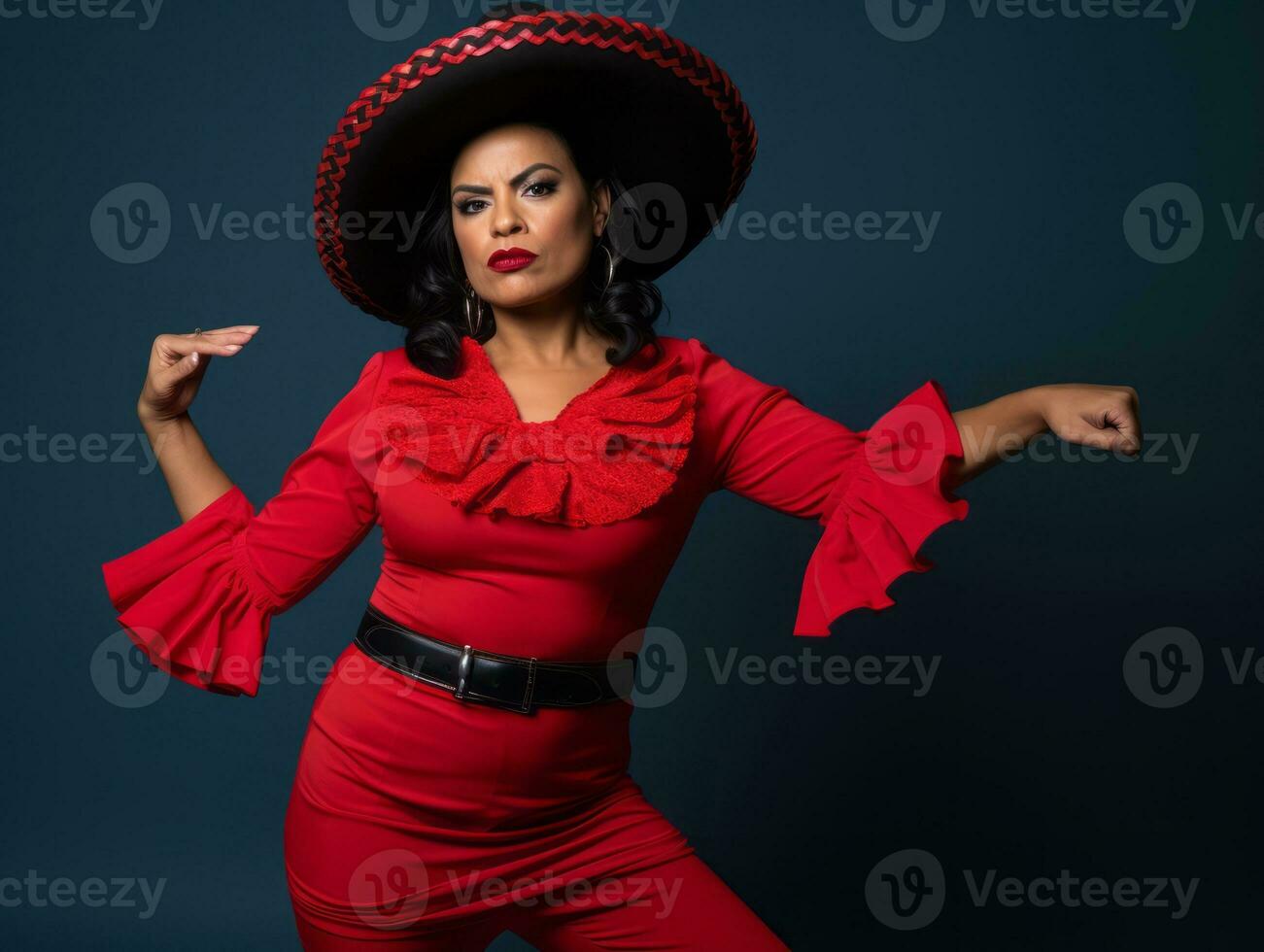 40. ano velho mexicano mulher dentro brincalhão pose em sólido fundo ai generativo foto