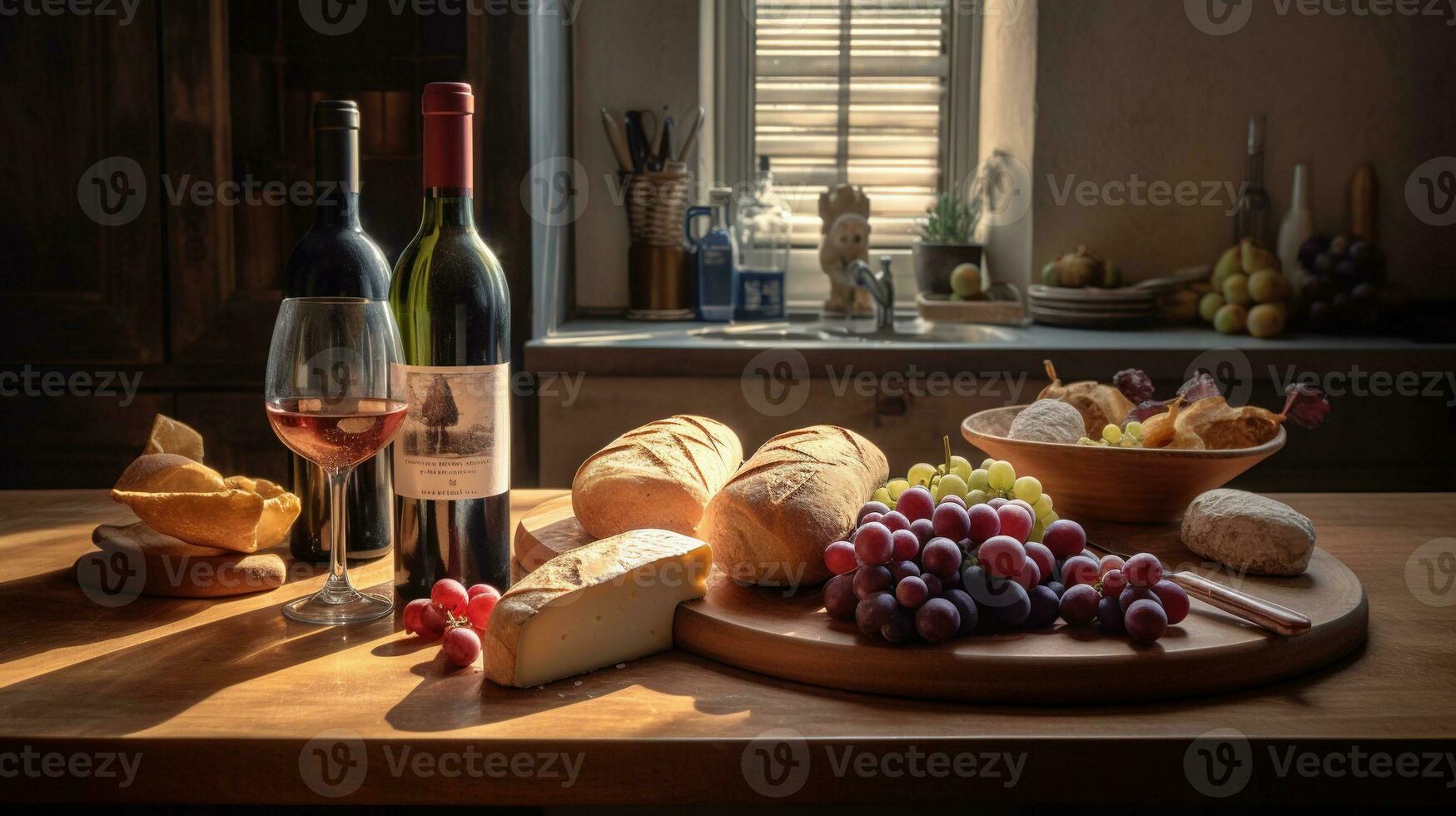 generativo ai, vinho ainda vida com uvas, alecrim, prosciutto, azul queijo, figos, pão. foto