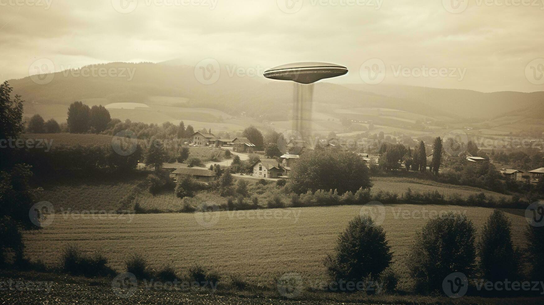 generativo ai, UFO sobre a italiano panorama vintage foto, alienígenas testemunhas retro Década de 1930 estilo fotografia foto
