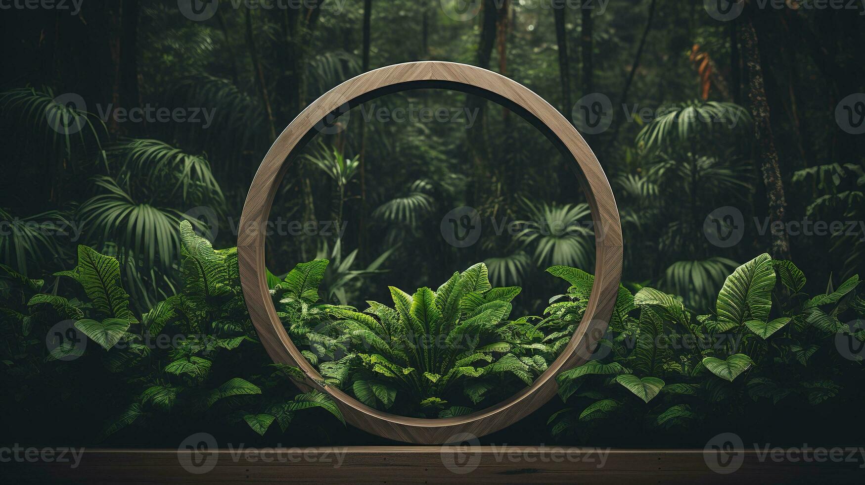 generativo ai, esvaziar círculo de madeira quadro, Armação e tropical folhas em selva fundo. para produtos mostrar. foto